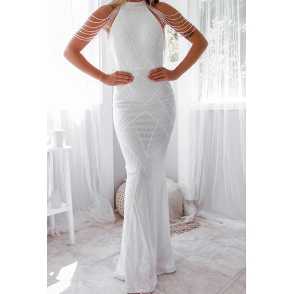 White Sequin dress with Bead Detail Shoulder - Picture 2 of 12